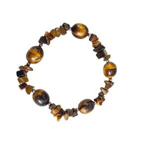 Tigers Eye Bead Bracelet Stretch Chips and Oval Stone with Metal Spacers